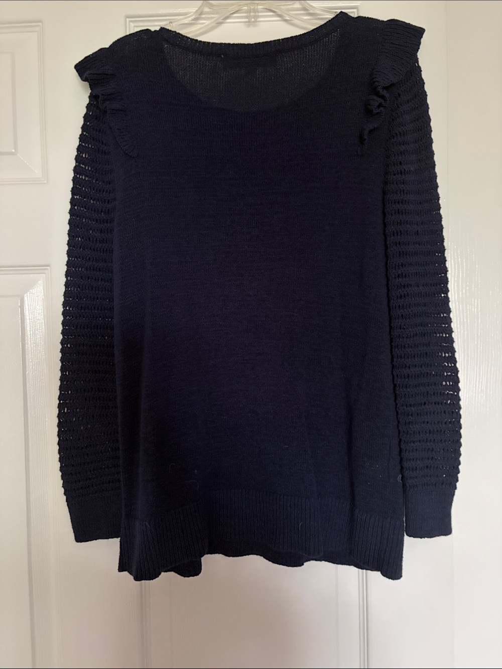 LOFT Navy Ruffle-Front Crewneck Sweater - Picture 3 of 3
